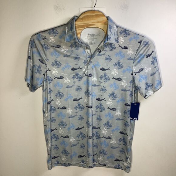 Huk Mens KC Pursuit Printed‎ Whale Pattern Fishing Polo Size Large NWT - Picture 2 of 8